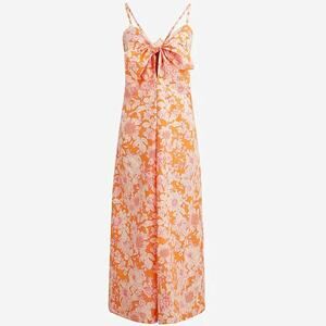 NEW J.Crew Floral Tie Front Cotton‎ Poplin Midi Dress L Orange Pink Strappy NWT